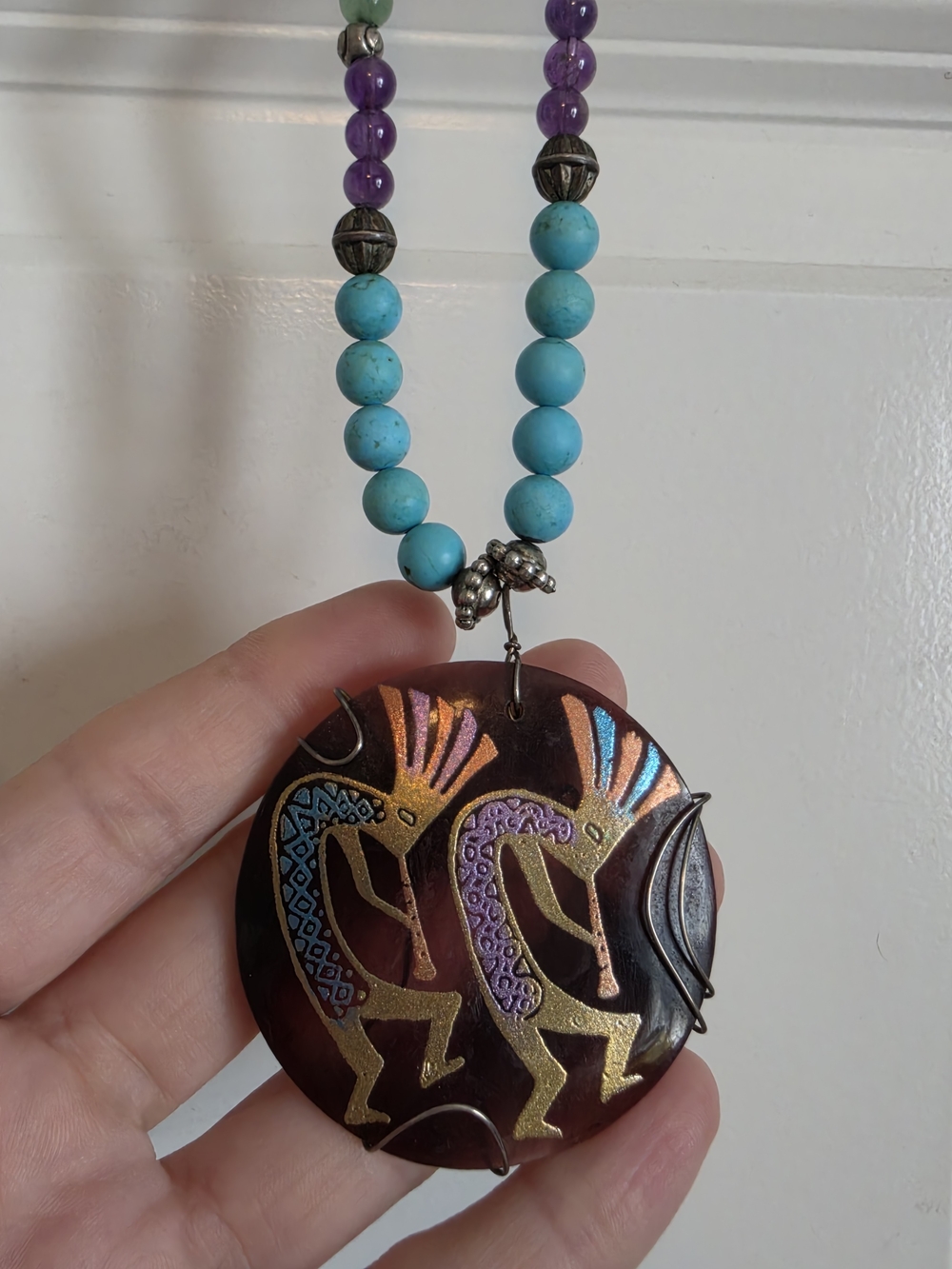 Artisan made Turquoise mixed Beaded Necklace with Kokopelli hand painted Pendant